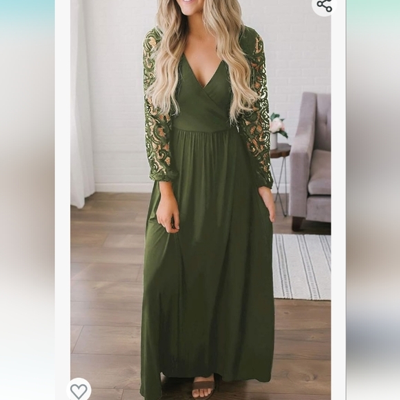 Women's Fall Floral Lace Long Sleeve Faux Wrap V Neck Maxi Dress-Navy Green - Picture 5 of 8